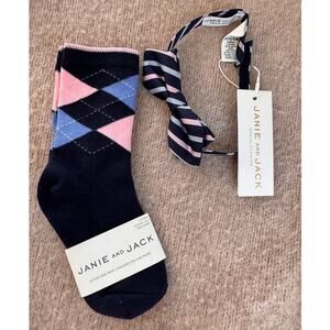 NEW JANIE And JACK Kids Blue Argyle Socks And Striped Bow Tie Size 2T-3